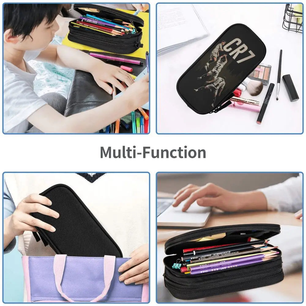 A multi-function black leather pencil case shown in various uses, including a slim case and a larger purple fabric case.