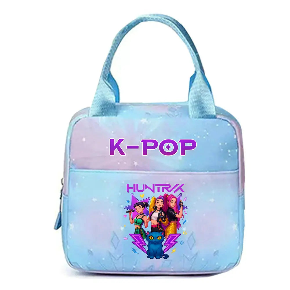 Light blue K-Pop themed insulated backpack featuring a colorful illustration of K-Pop idols.
