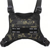Black tactical chest bag with camouflage pattern and reflective strips