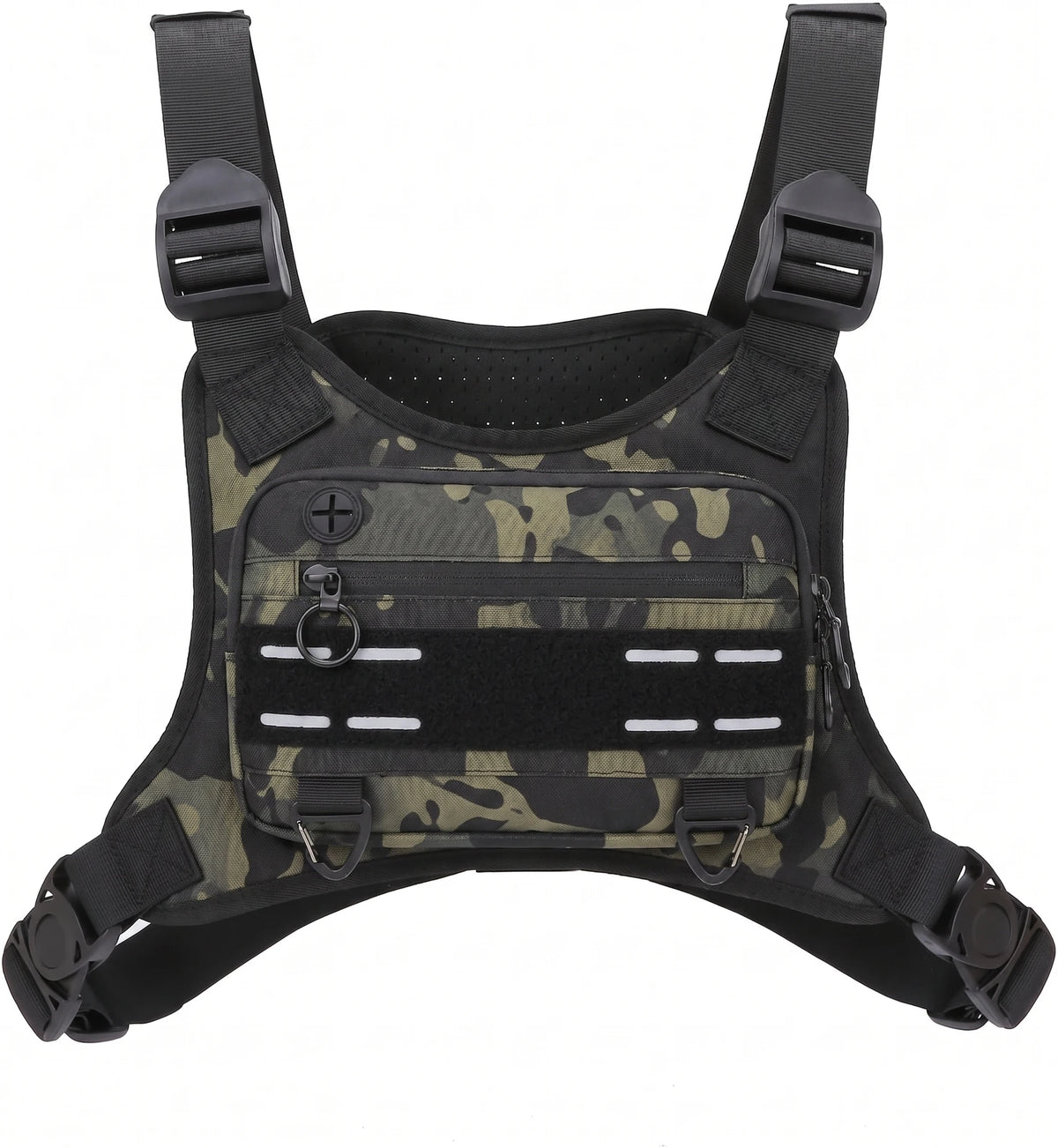 Black tactical chest bag with camouflage pattern and reflective strips