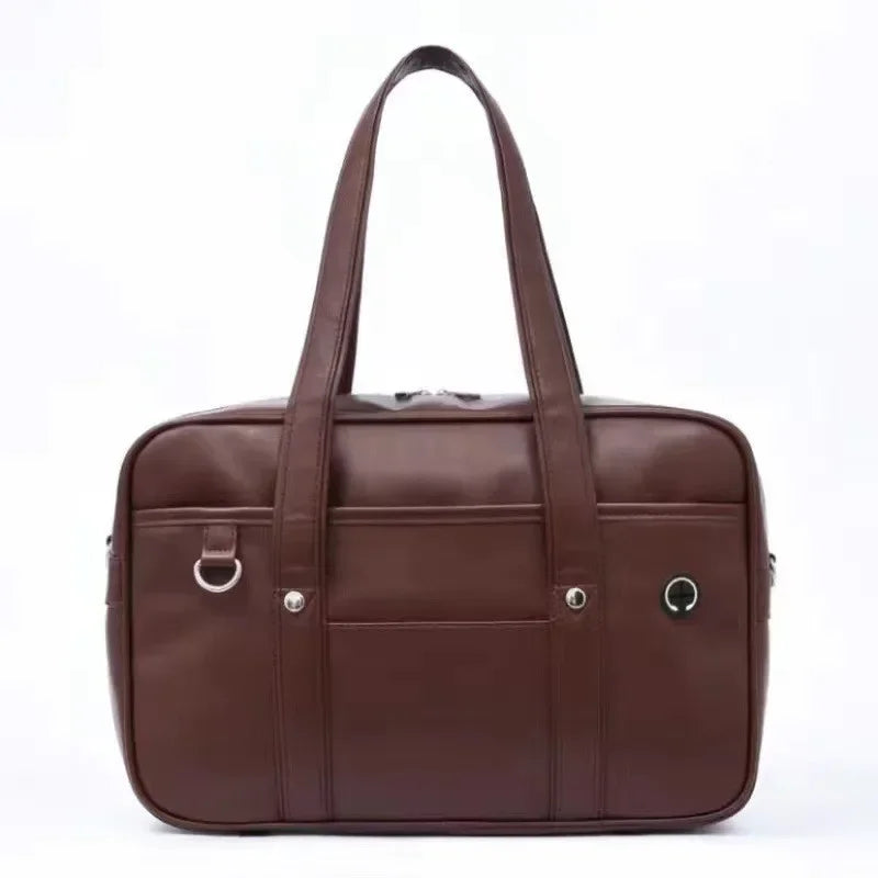A brown preppy PU shoulder bag designed for students.