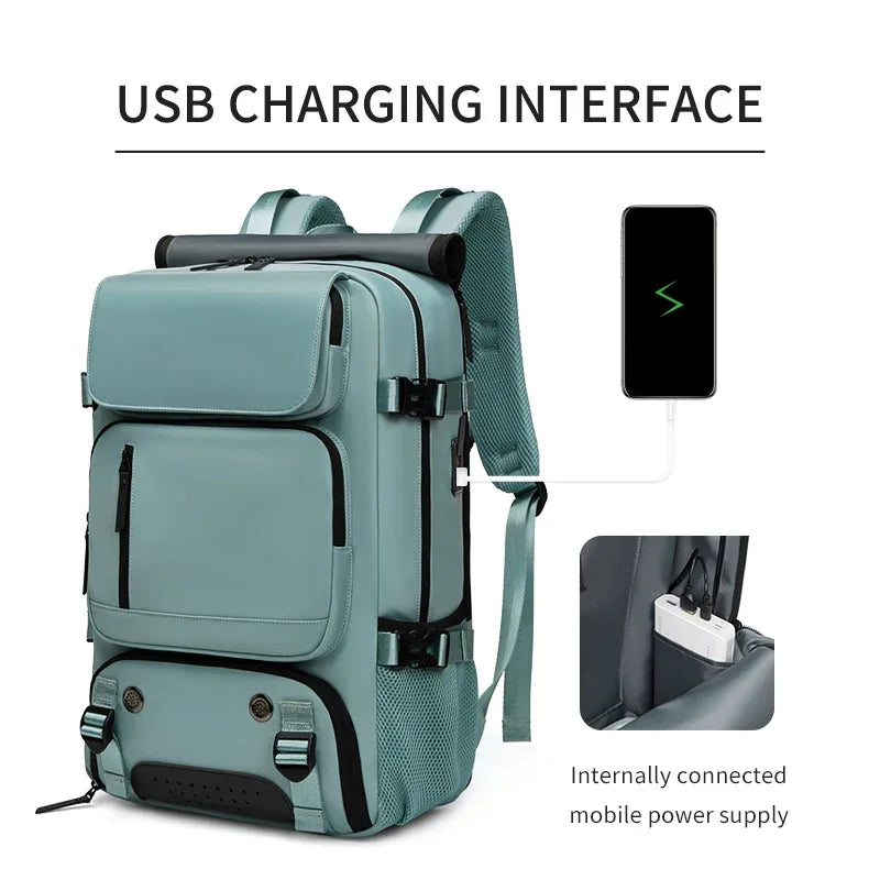 A teal travel backpack with a USB charging interface and an internally connected mobile power supply.