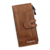 A brown leather wallet with a flap closure and stitching, designed for holding phones and cards.