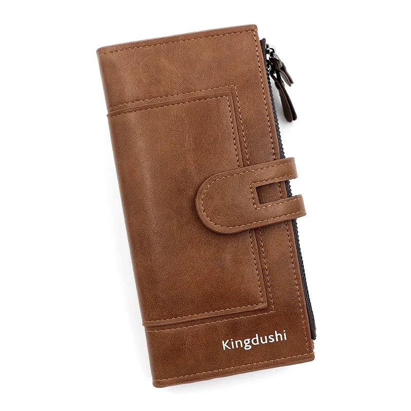 A brown leather wallet with a flap closure and stitching, designed for holding phones and cards.