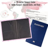 Porta documentos de cuero PU negro y funda para pasaporte azul marino con mapa mundial de fondo.