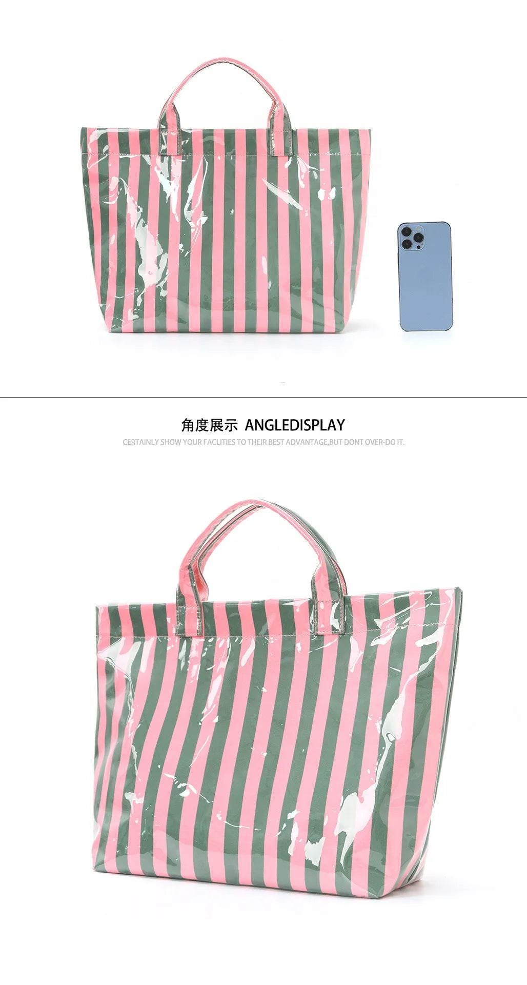 A pink and green striped tote bag displayed next to a smartphone.