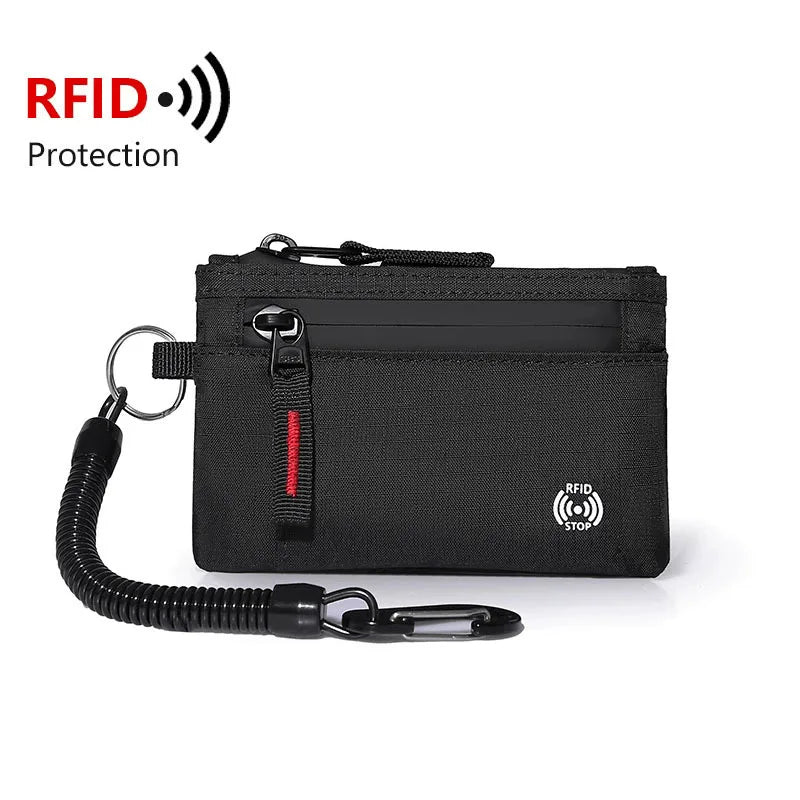Black RFID blocking travel wallet with a carabiner clip