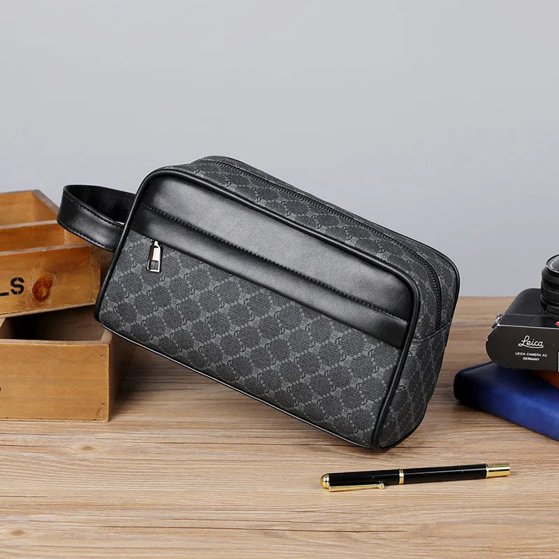 A black vintage PU leather clutch bag with a diagonal pattern resting on a wooden surface.