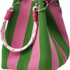 A knitted bucket bag featuring vertical stripes of pink and green.