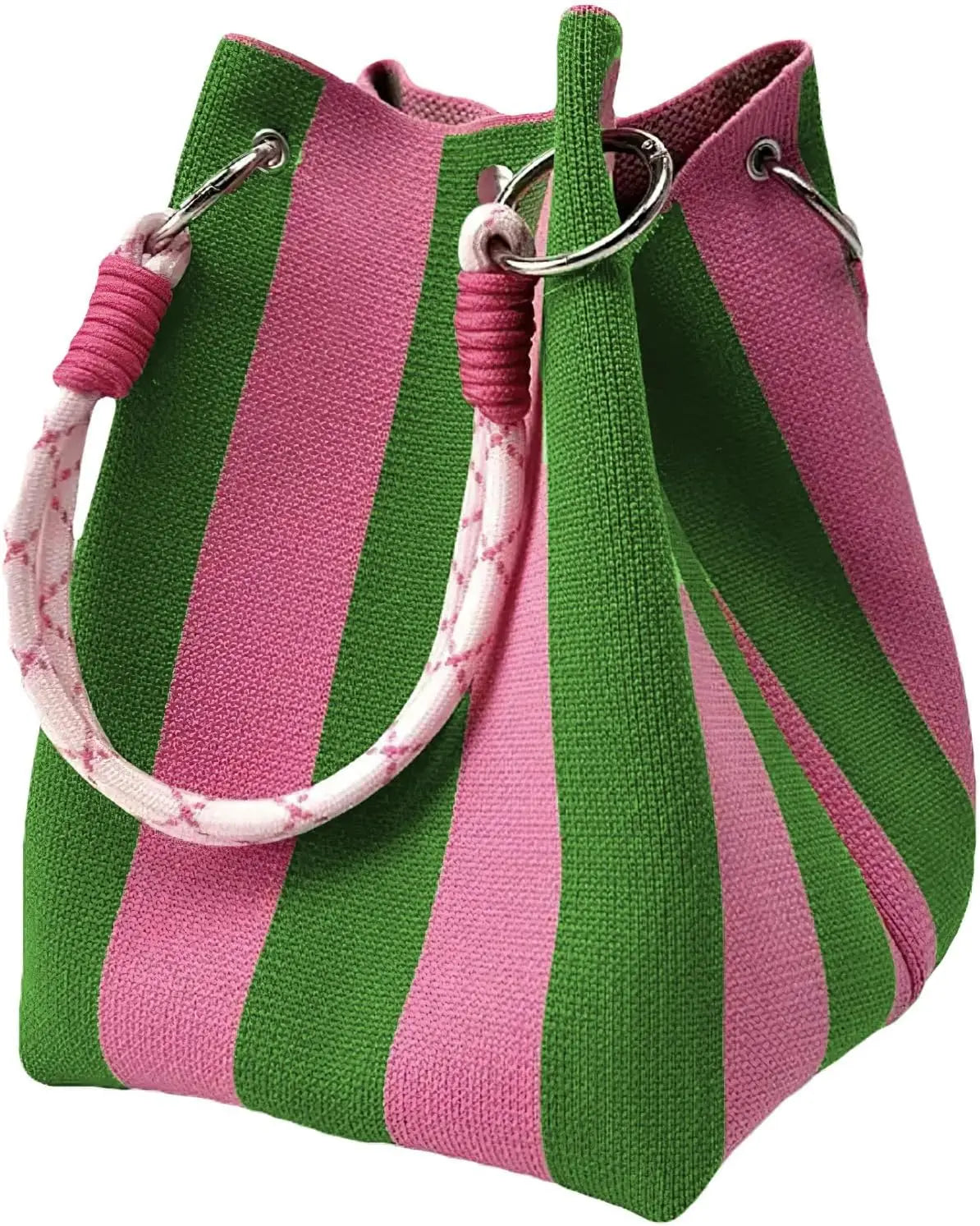 A knitted bucket bag featuring vertical stripes of pink and green.