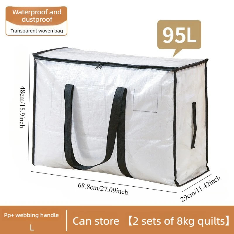 A white waterproof and dustproof woven bag with a black handle, shown next to a measurement scale.