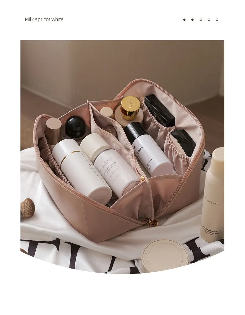 A pink cosmetic storage bag is open, revealing various beauty products like lipsticks and creams.