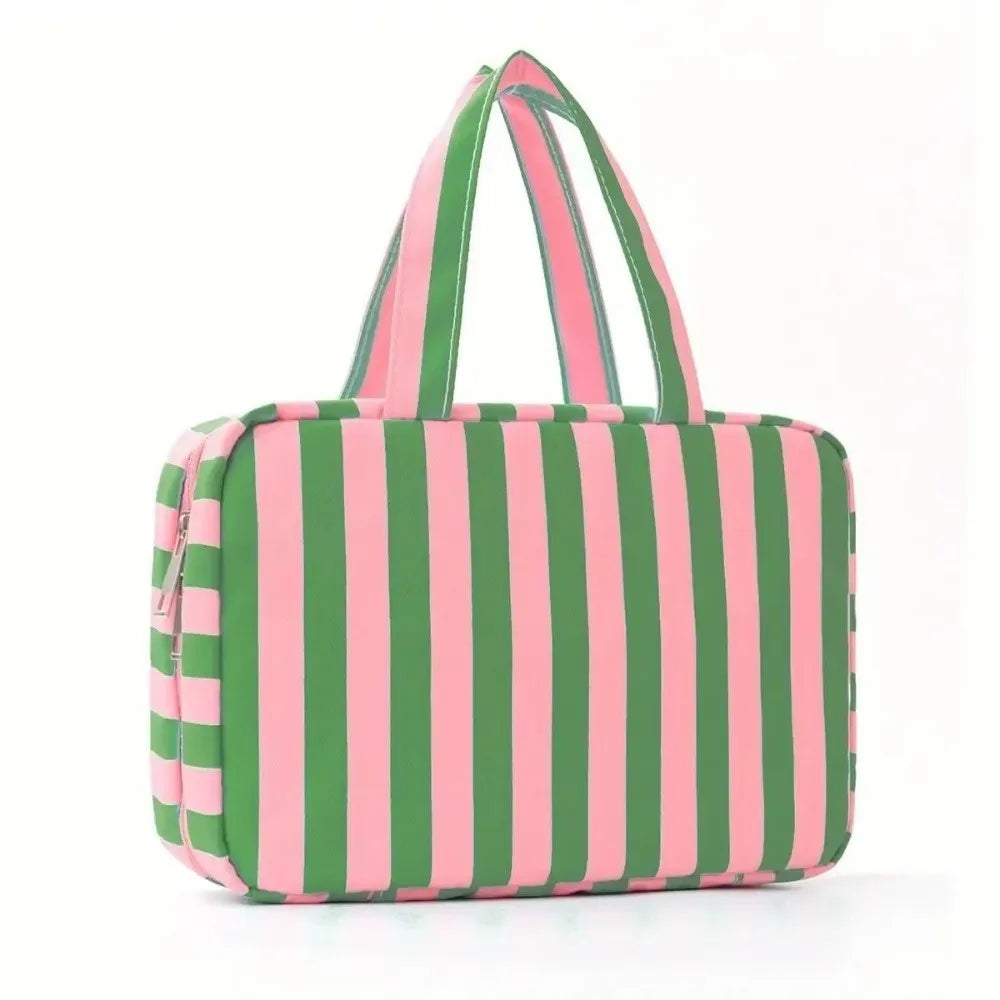 Bolsa de tocador de viaje colgante de 4 pliegues a rayas rosa y verde.