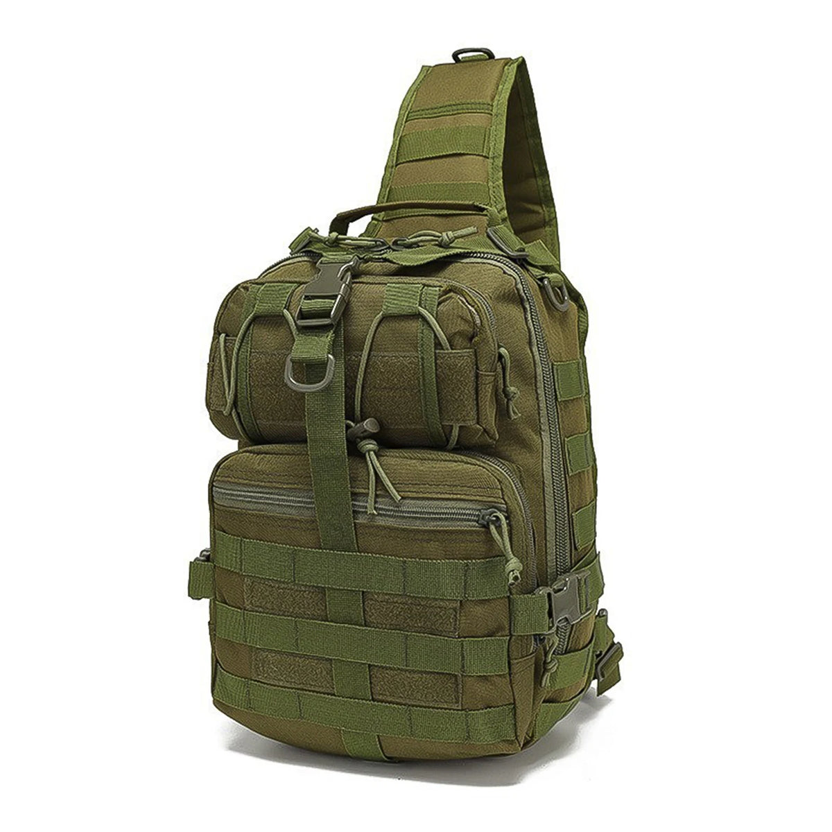 Olive green multi-compartment crossbody and chest bag with adjustable straps