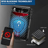 A hand holds a smartphone next to an RFID blocking layer and a leather card wallet demonstrating RFID blocking technology.