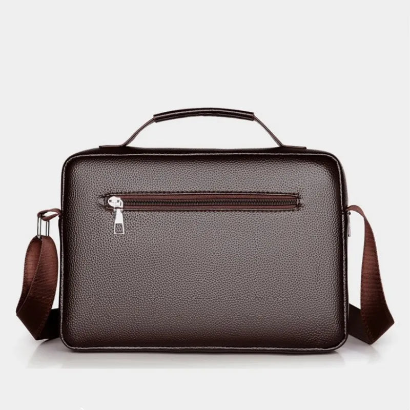 A dark brown men's PU leather crossbody shoulder bag with a zippered front pocket and brown leather strap.