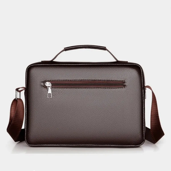 A dark brown men's PU leather crossbody shoulder bag with a zippered front pocket and brown leather strap.
