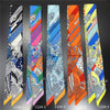 A collection of five silk twill ribbon scarves in various patterns and colors displayed vertically.