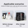 A black mesh storage tote with a handle is shown, contrasting before and after storage scenarios.