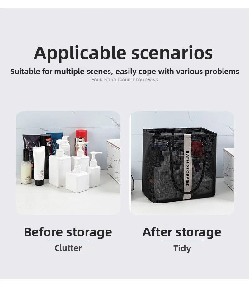A black mesh storage tote with a handle is shown, contrasting before and after storage scenarios.