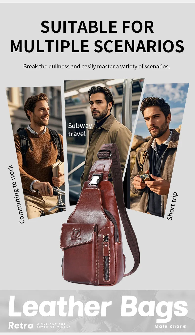 A brown leather sling backpack shown in various scenarios like commuting and short trips.