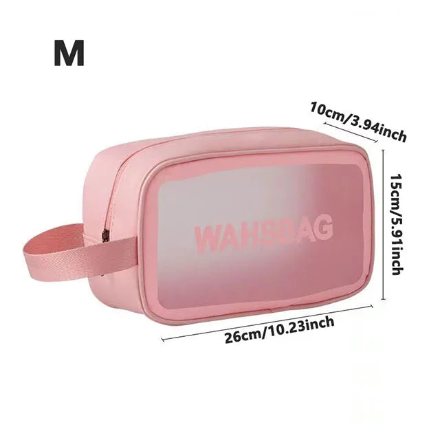 A pink clear waterproof travel toiletry bag with measurements shown.