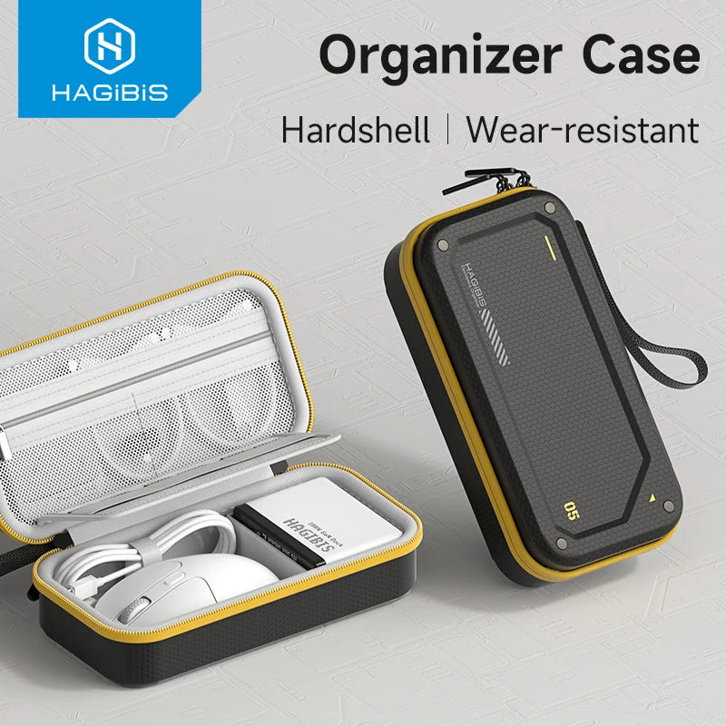 A black organizer case with a yellow accent, shown open containing headphones and a mouse.