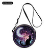 A purple and silver celestial-themed cartoon cat round crossbody bag with a black strap.