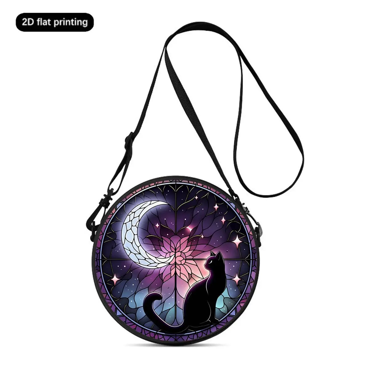 A purple and silver celestial-themed cartoon cat round crossbody bag with a black strap.