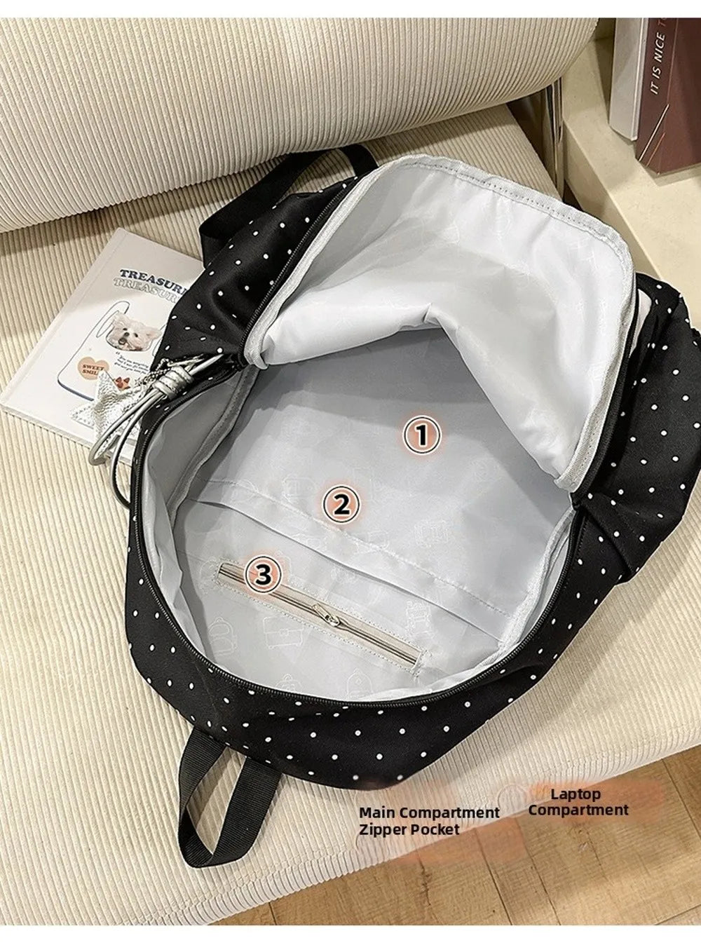 Un sac à dos noir à pois ouvert, montrant sa poche zippée.