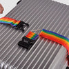An adjustable luggage cross strap with a combination lock featuring a rainbow colored fabric.