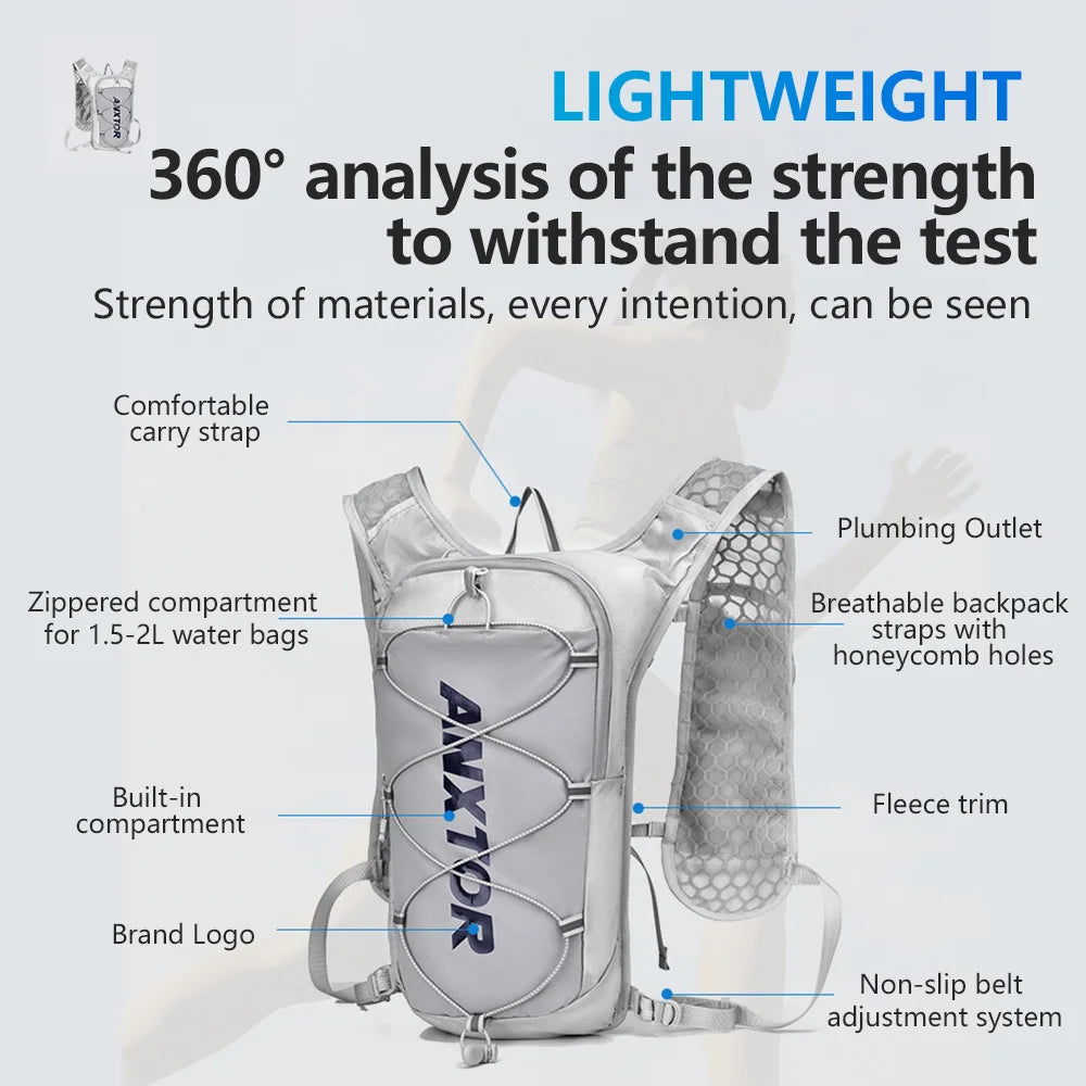 A silver hydration vest with a comfortable carry strap, zippered compartment, and non-slip belt adjustment system.
