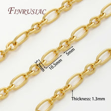 A close-up view of several gold-colored jewelry chains with a thickness of 1.3mm and various link sizes.