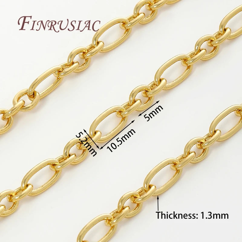 A close-up view of several gold-colored jewelry chains with a thickness of 1.3mm and various link sizes.
