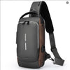 A dark gray anti-theft crossbody chest bag with a brown accent and black strap.