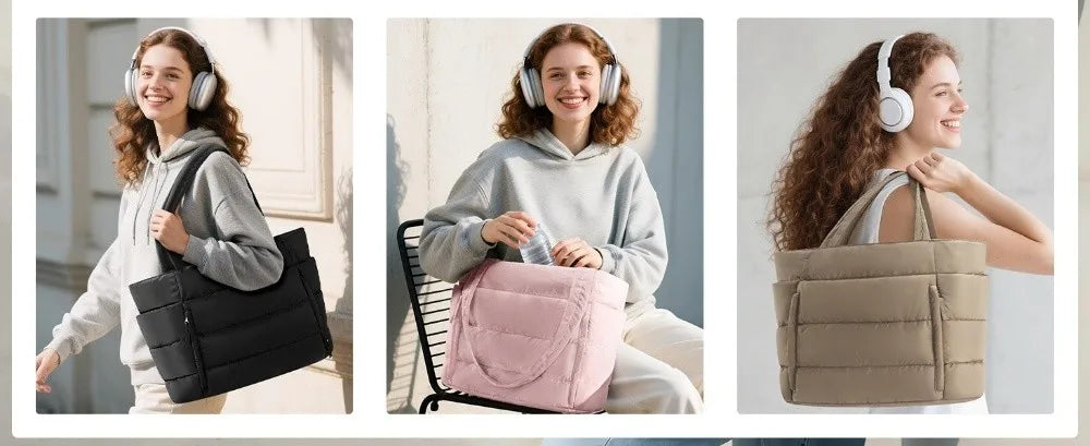 Three women are shown carrying or holding a quilted puffer tote bag and matching pouch.