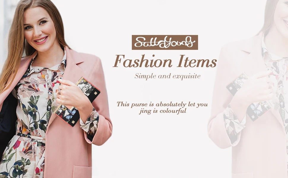 Una mujer modela un blazer rosa y una camisa con estampado floral, sosteniendo una billetera larga para mujer con estampado d