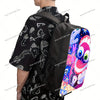 A black anime printed capacity backpack worn by a person.