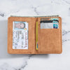 A brown leather multi-slot card wallet containing a driver's license and several credit cards.