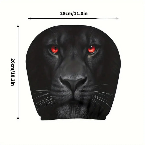 A close-up of a black panther face with glowing red eyes, shown with dimensions.