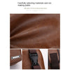 A close-up view of a brown leather men's chest bag with a black strap and a silver headphone port.