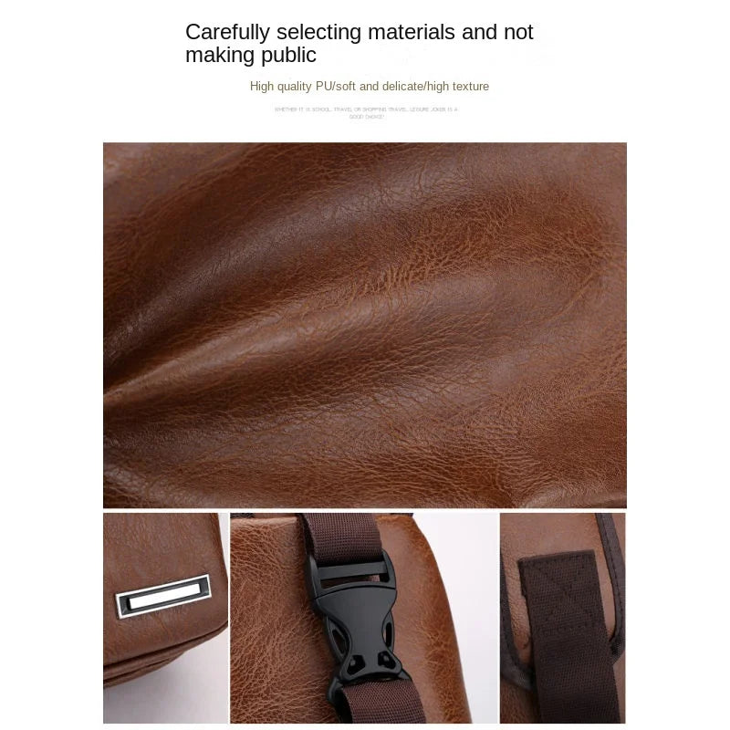 A close-up view of a brown leather men's chest bag with a black strap and a silver headphone port.