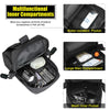 A black tactical waist pack showing various inner compartments including a waterproof pocket, a large main compartment, and a