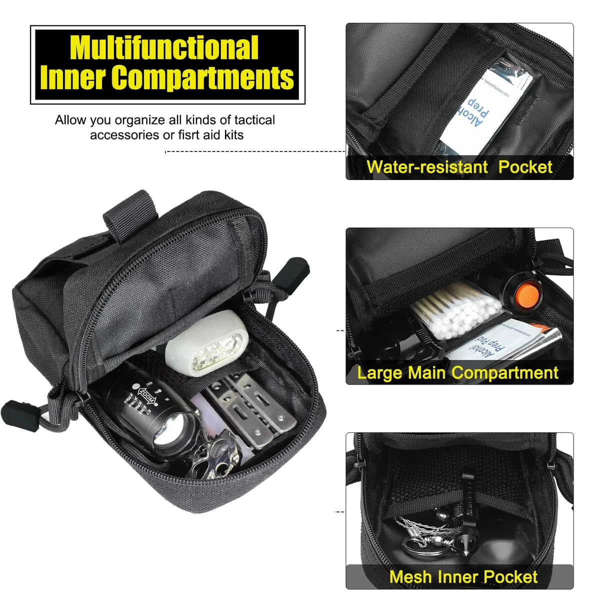 A black tactical waist pack showing various inner compartments including a waterproof pocket, a large main compartment, and a