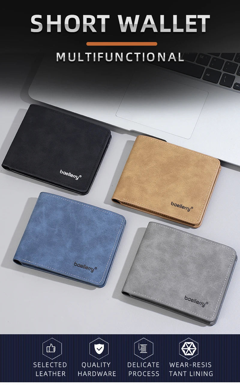 Collection de porte-monnaie courts en cuir noir, beige, bleu et gris avec fonctionnalités multifonctionnelles.
