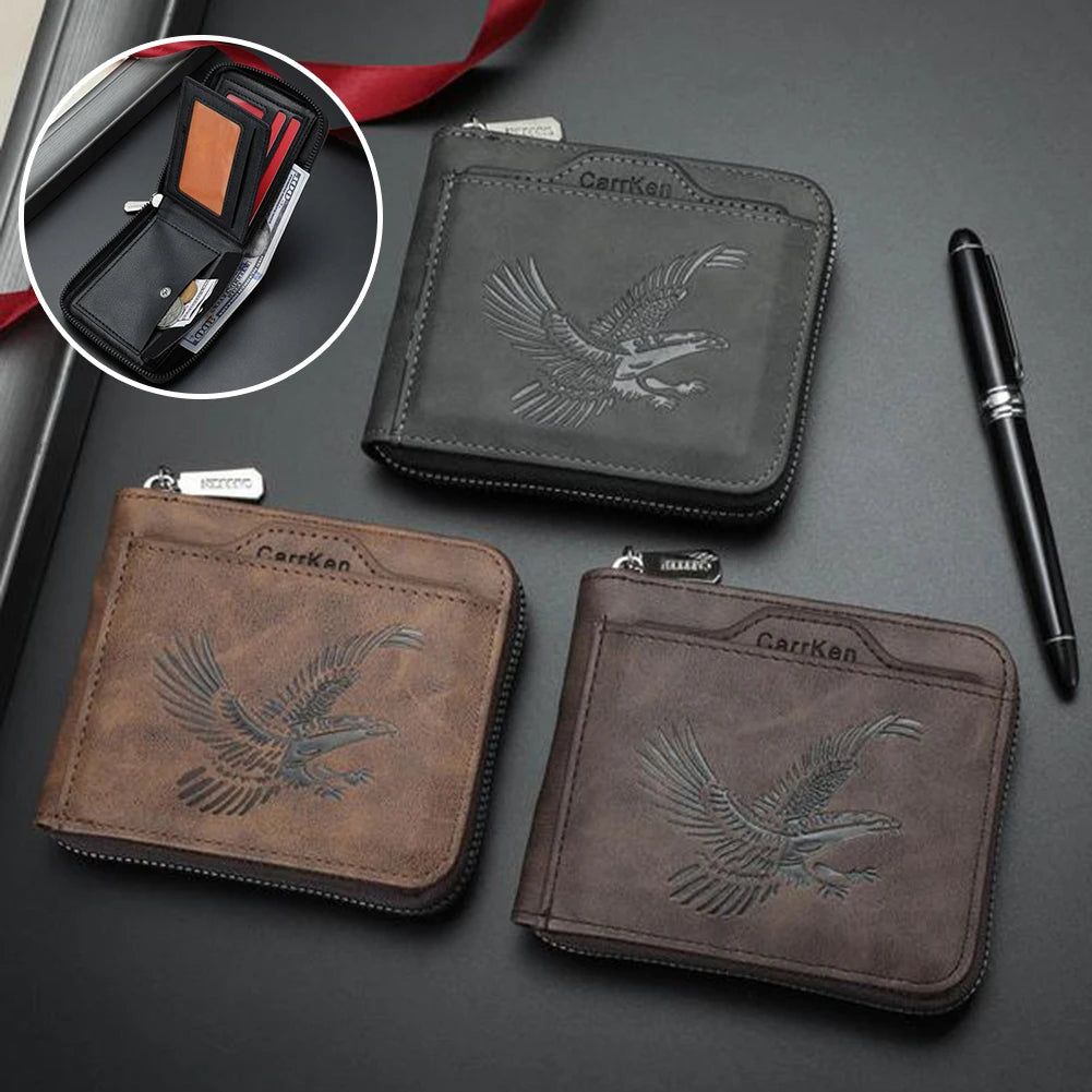 Cartera de cuero negro con diseño de águila grabado y cinta roja, junto a una versión de cuero marrón.