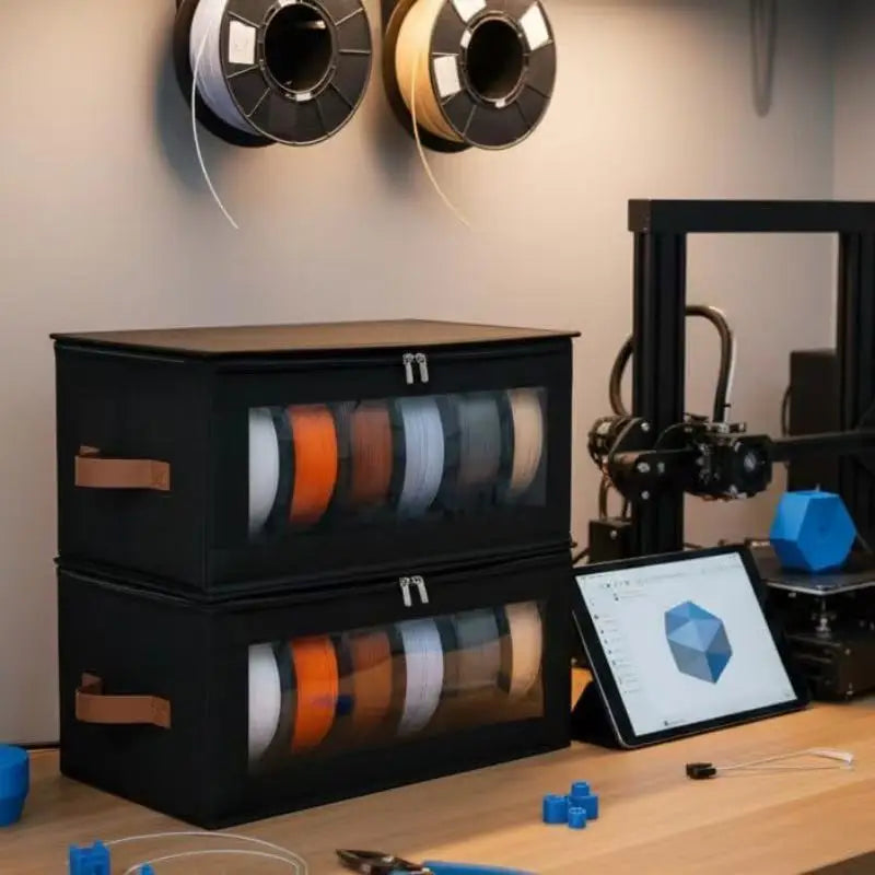 Schwarzes faltbares Filament-Lagerregal mit zwei Schubladen, das verschiedene farbige Filamente zeigt.