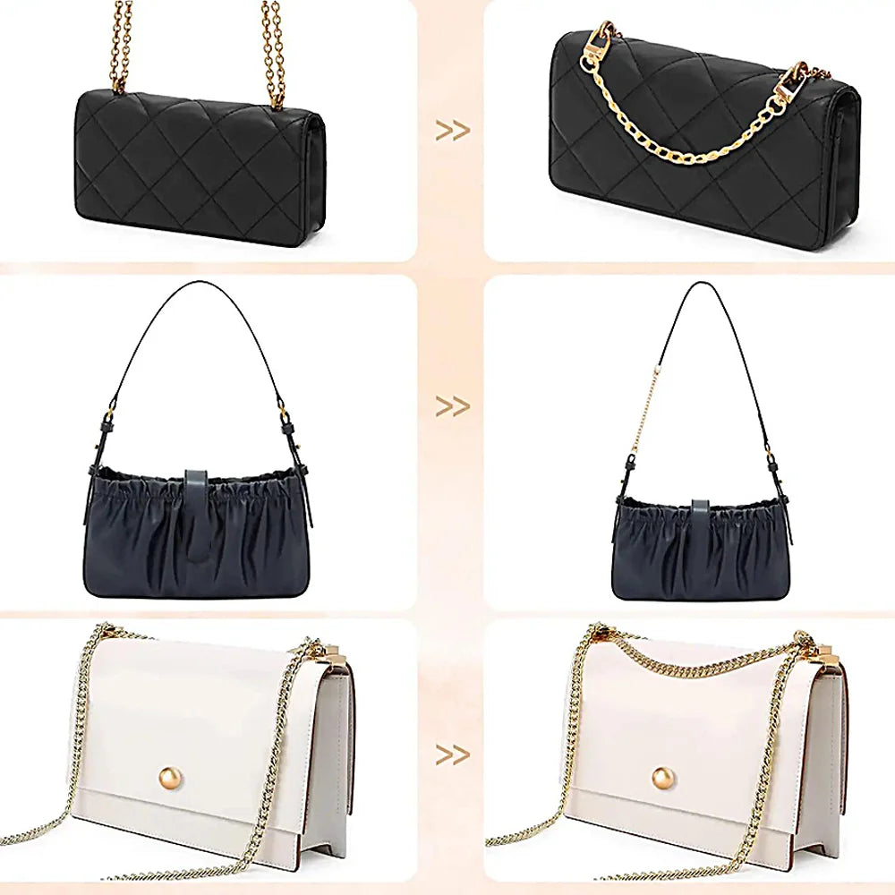 A collection of black and beige quilted handbags featuring adjustable metal chain straps.
