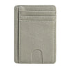 A slim gray leather wallet with multiple card slots and a cutout for cash.