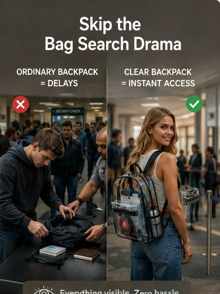 A woman is holding a clear transparent PVC backpack, demonstrating instant access.